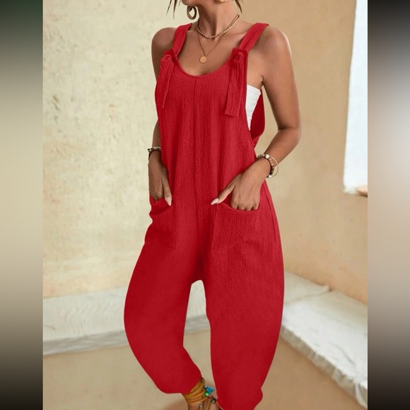 Boho red cami jumpsuit with pockets - Picture 2 of 15